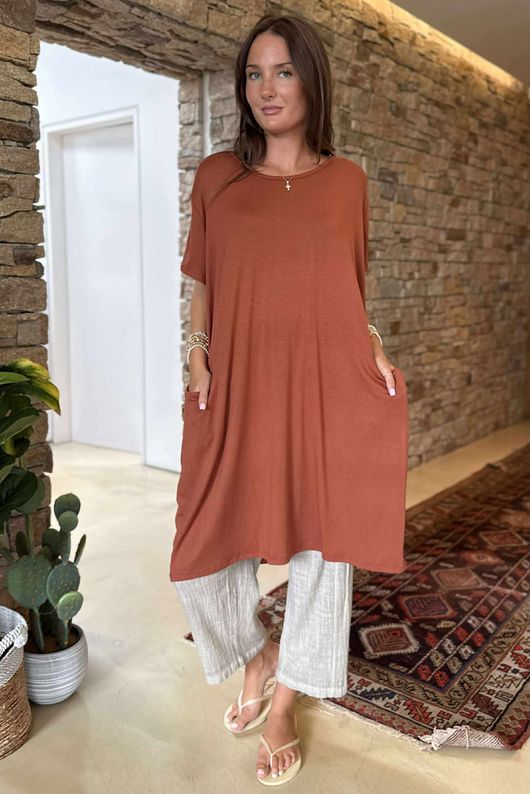 Made in Italy Perfect Pocketed T Shirt Dress Rust /45 =